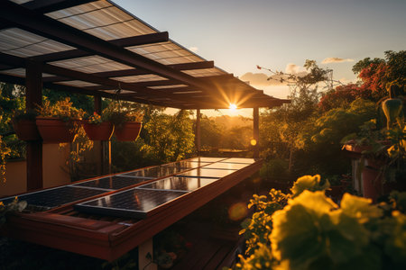 morning light with roof with solar cells.の素材
