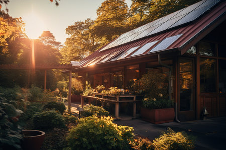 morning light with roof with solar cells.の素材