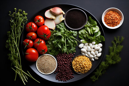 Grains  or Cereals and fruits and vegetables on the table, generative aiの素材