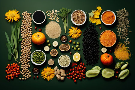 Grains  or Cereals and fruits and vegetables on the table, generative aiの素材