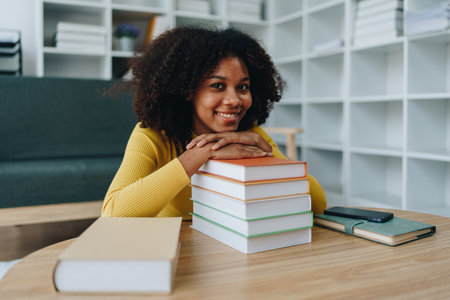 Young African American University International Exchange Students Study Online Showing fight, Cheer up and happiness english class by international experts with professors at home.の写真素材