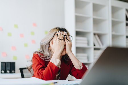 Portrait of business owner, woman using computer and financial statements Anxious expression on expanding the market to increase the ability to invest in business.の写真素材