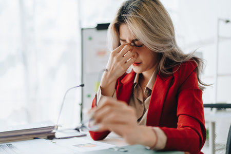 Portrait of business owner, woman using computer and financial statements Anxious expression on...