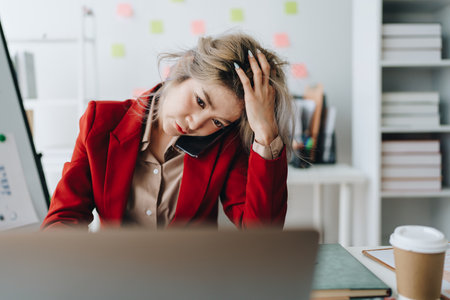 Busy businesswoman wearing a suit busy with work workaholic while sitting at work clear paperworks with documents and talk on the phone on your smartphone hear the hustle and bustle, busy conceptsの写真素材