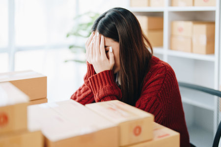 Starting small business entrepreneur of independent Asian woman showing her face worried about the sales of her business not reaching the target set. SME concepts.の写真素材