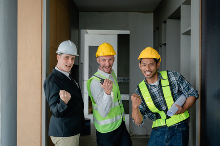 multi ethnic engineer brainstorming and measuring for cost estimating on paperworks and floor plan drawings about design architectural and engineering for houses and buildings.の写真素材