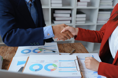 Handshake, contract deal and business partnership of meeting with shaking hands. Networking, hiring...