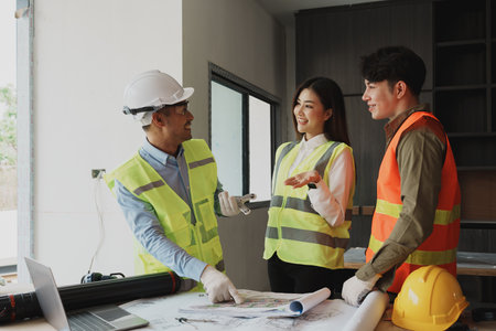 multi ethnic engineer brainstorming and measuring for cost estimating on blueprint and floor plan drawings about design architectural and engineering for houses and buildings.の写真素材