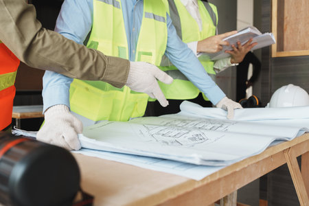 multi ethnic engineer brainstorming and measuring for cost estimating on blueprint and floor plan...
