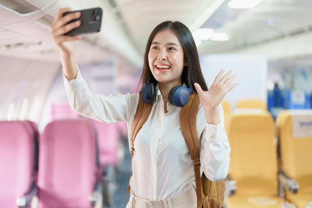 Asian business woman passenger sitting on business class luxury plane while working using smart...