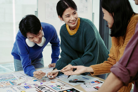 Team of Creative Web, Graphic Designer planning, drawing website ux ui app for mobile phone...