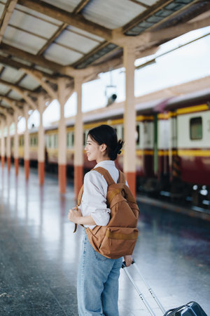 Tourists are showing happy expressions while waiting for their journey in the train stationの写真素材