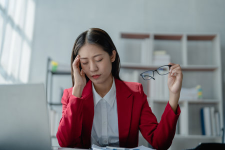 Portrait of sme business owner, woman using computer and financial statements Anxious expression on expanding the market to increase the ability to invest in business.の写真素材