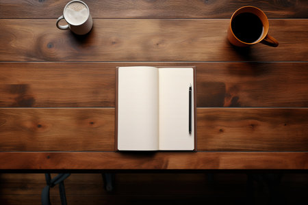 mockup, notebook, coffee cup, wooden desk, generative aiの素材