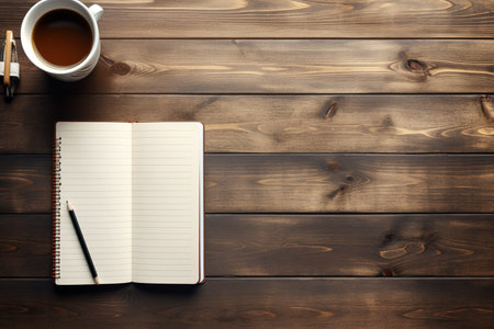 mockup, notebook, coffee cup, wooden desk, generative aiの素材