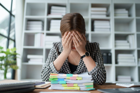Portrait of business owner, woman using computer and financial statements Anxious expression on...