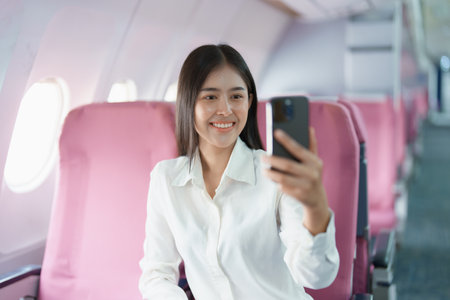 Asian business woman passenger sitting on business class luxury plane while working using smart phone mobile talking or video conference and travel concept.の写真素材