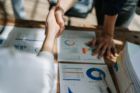 Handshake, contract deal and business partnership of meeting with shaking hands. Networking, hiring and professional negotiation of onboarding collaboration and congratulations of project.の写真素材