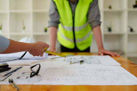 engineers discuss building on blueprint drawing, design building Project in officeの写真素材