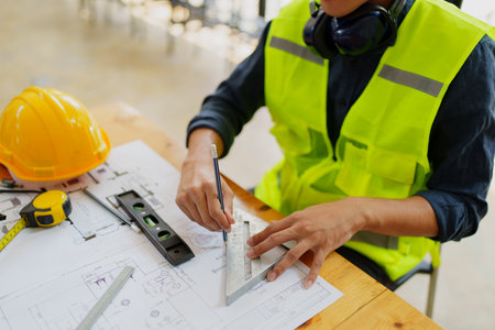 engineers discuss building on blueprint drawing, design building Project in officeの写真素材