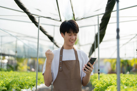 A farmer uses a phone to look at orders from customers, showing joy at harvesting vegetables from hydroponic farms. organic fresh vegetables Farmer working on a hydroponic vegetable gardenの写真素材