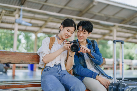 Young couple traveling using a camera to capture memories while waiting for the train at the station.travel conceptsの写真素材