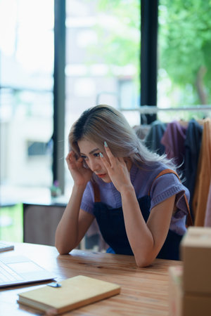 Starting small business entrepreneur of independent Asian woman showing her face worried about the sales of her business not reaching the target set. SME concepts.の写真素材