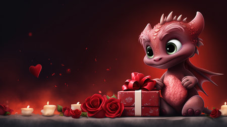 Valentine's Day blank space with cute dragon gift boxes, roses, red heart, background generative aiの素材