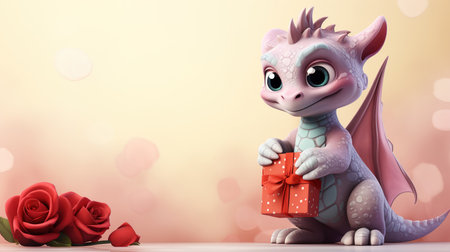 Valentine's Day blank space with cute dragon gift boxes, roses, red heart, background generative aiの素材