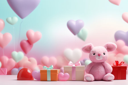 Valentine's Day blank space with cute bear gift boxes, roses, red heart, background generative aiの素材
