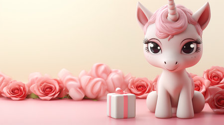 Valentine's Day blank space with cute unicorn gift boxes, roses, red heart, background generative aiの素材