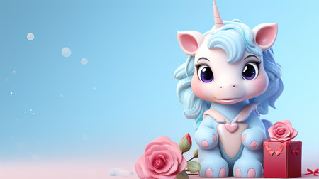 Valentine's Day blank space with cute unicorn gift boxes, roses, red heart, background generative aiの素材