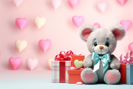 Valentine's Day blank space with cute bear gift boxes, roses, red heart, background generative aiの素材
