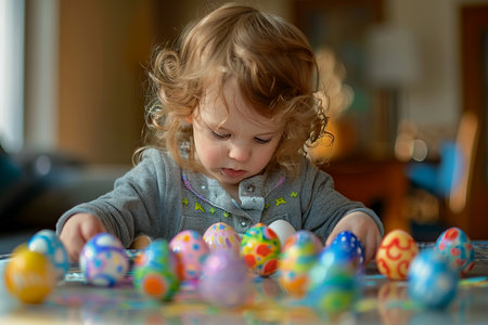 A young child is creatively adorning Easter eggs with vibrant colors.の素材