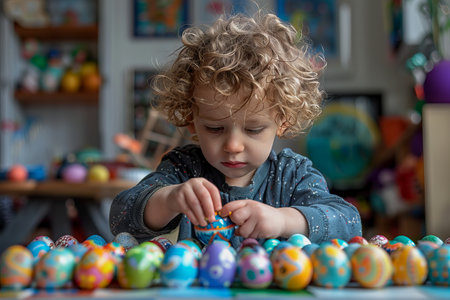 A young child is creatively adorning Easter eggs with vibrant colors.の素材