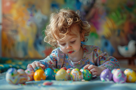 A young child is creatively adorning Easter eggs with vibrant colors.の素材