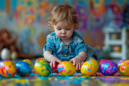A young child is creatively adorning Easter eggs with vibrant colors.の素材