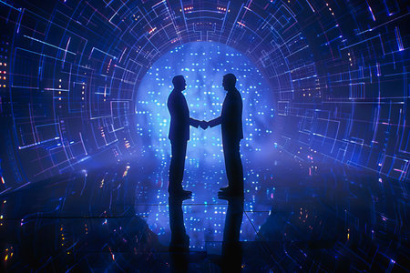 Handshake between business people and futuristic technology backgroundの素材