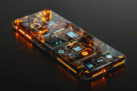 smartphone a transparent display shows user interface components, UX, UI, futuristic technologyの素材