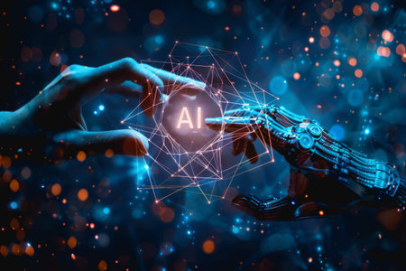 human hand and robotic hand reaching, with a glowing AI icon by futuristic digital hologramの素材