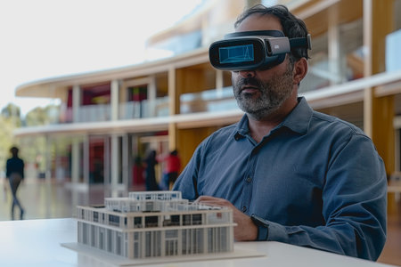 Man with VR glasses working on holographic architectural model.の素材