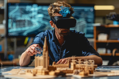 Man with VR glasses working on holographic architectural model.の素材