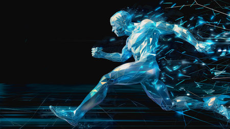 Digital humanoid sprinting in a futuristic, glowing blue lines, dark background.の素材