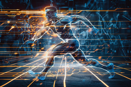 Digital humanoid sprinting in a futuristic, glowing blue lines, dark background.の素材