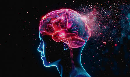 Neon lit AI with digital particles and futuristic aesthetic.の素材