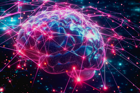 Neon lit AI with digital particles and futuristic aesthetic.の素材