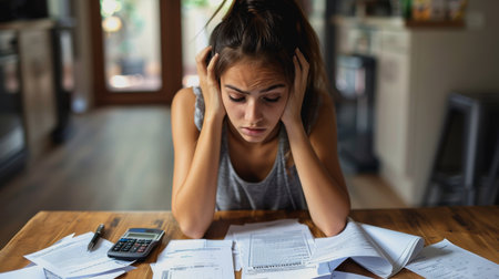 Businesswoman with financial stress at desk with house model, documents, and pen, face buried in hands.の素材