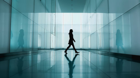 Modern hallway with glass walls, silhouette walking, futuristic feel, polished floors, soft light.の素材