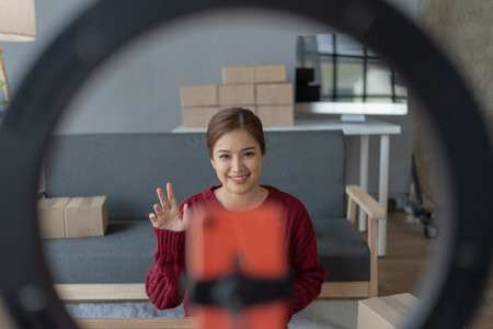 woman, online seller, uses live streaming to present items from her home, engaging with customers in...