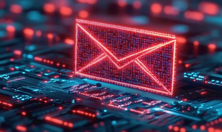 Digital envelope on circuit board representing modern tech communication and futuristic email.の素材